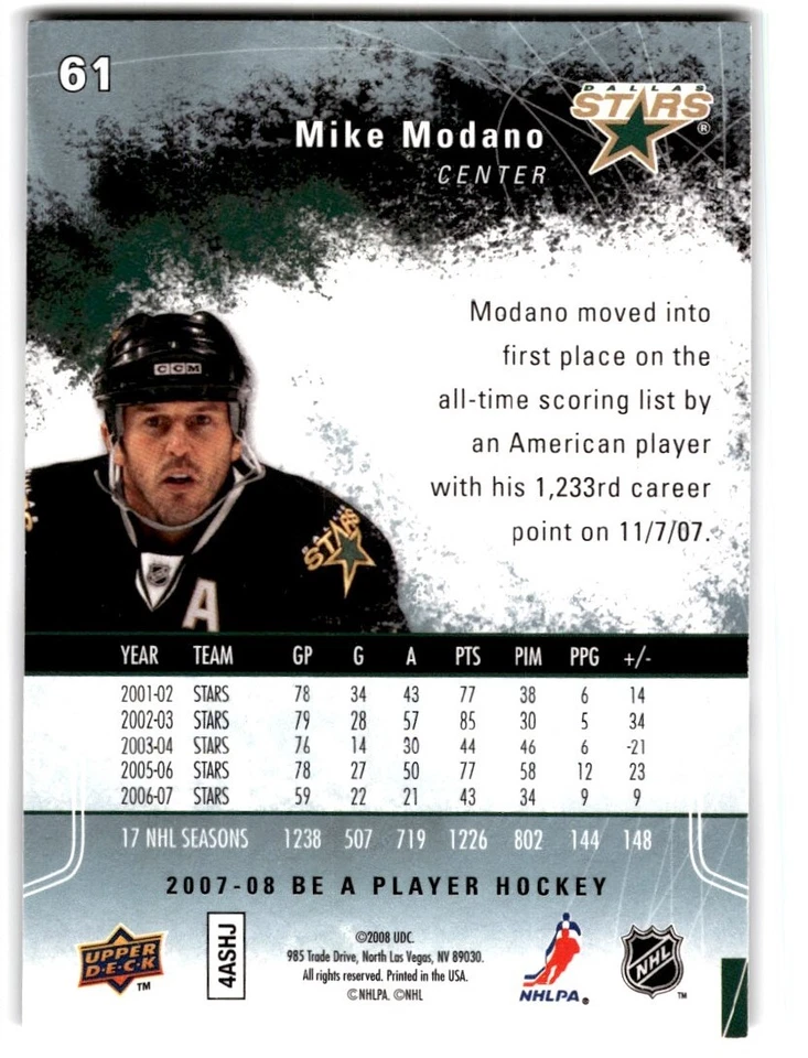 2007-08 Upper Deck Be a Player Mike Modano #61 Dallas Stars - Image 2 of 2