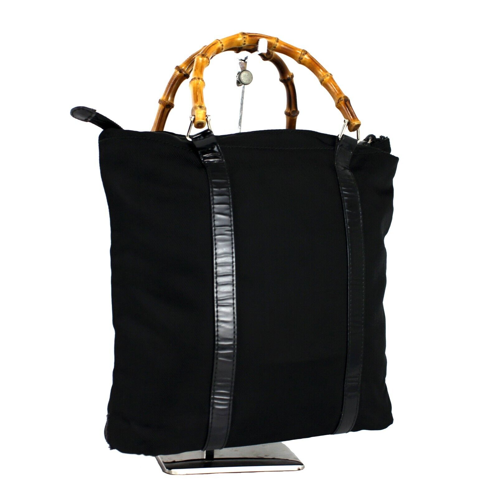 Auth GUCCI Black Nylon Bamboo Handle Hand Bag Tot… - image 1