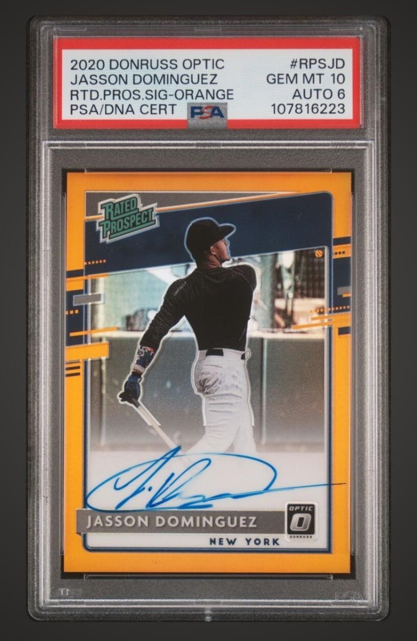 Jasson Dominguez #RPS-JD Baseball Cards 2020 Panini Donruss Optic Rated Prospects Signatures trading card — raw and PSA graded price guide