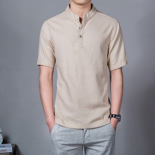 Verano Hombres Cuello Alto Lino Camisa Blusa Ajuste Manga Corta Algodón Lino Top - Imagen 23 de 25