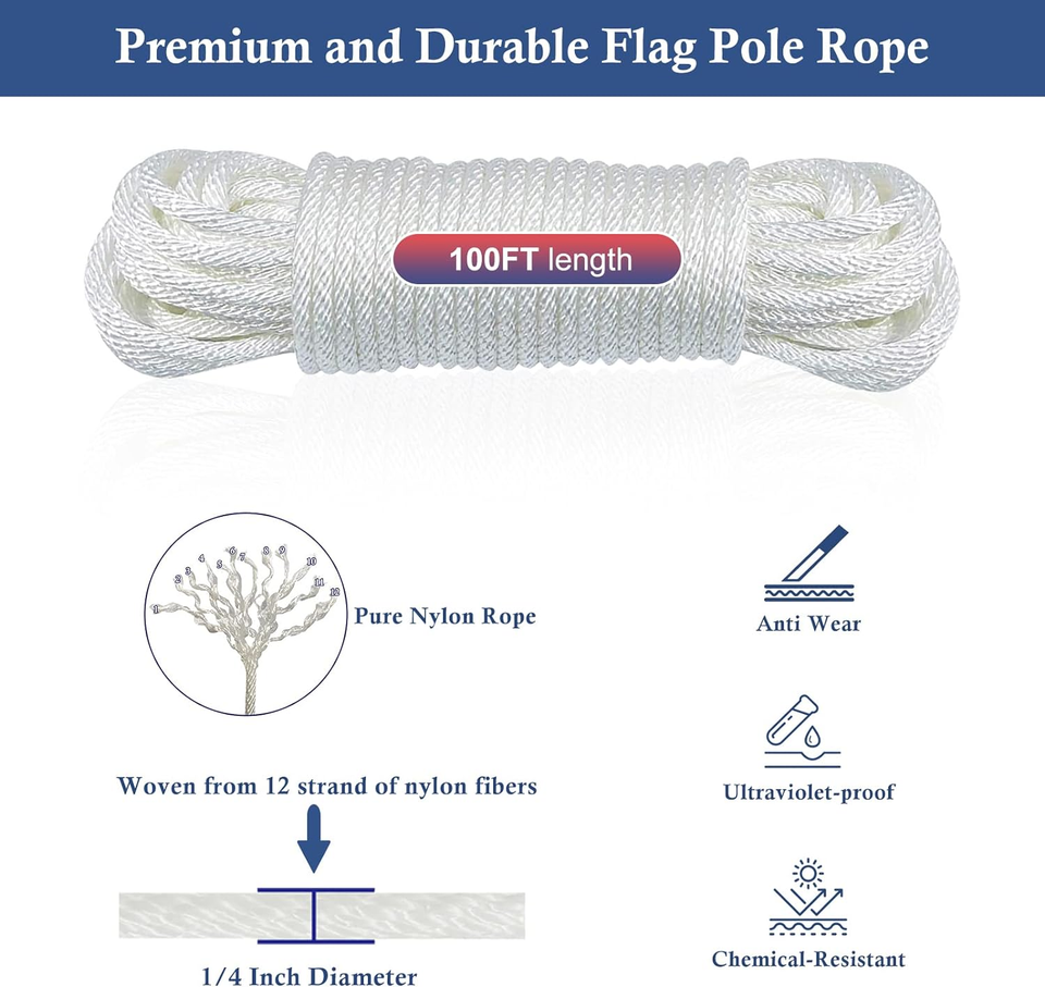Flag Pole Rope Kit 100 Feet X 1/4" Diameter Flag Pole Halyard Nylon