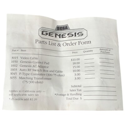 Sega Of America Parts List Order Form 1989 INSERT ONLY Authentic Original