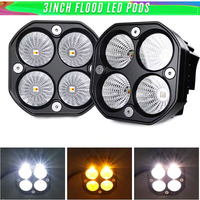 3Inch Flood LED White/Amber Flasing Strobe Pods Driving Fog Lamp Bumper For SUV