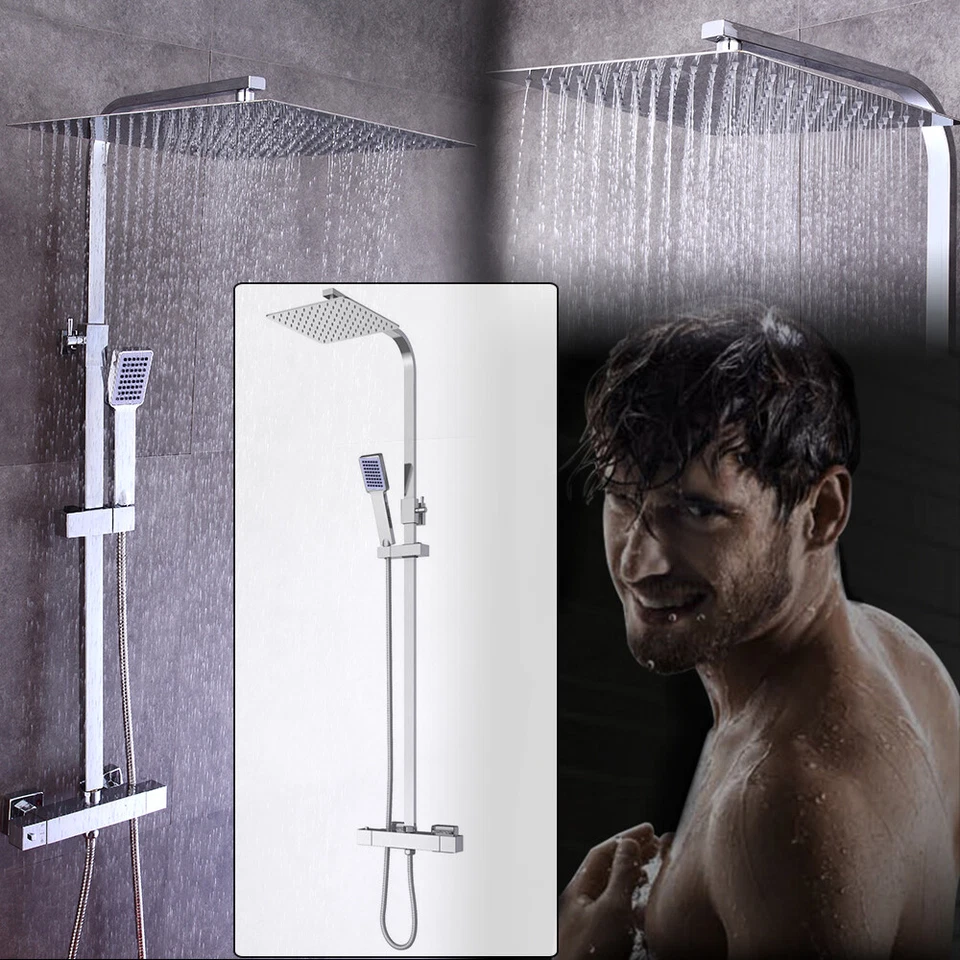 Thermostatic Mixer Shower Set Twin Head Exposed Valve Faucet Square30cm Bathroom - Image 4 of 4
