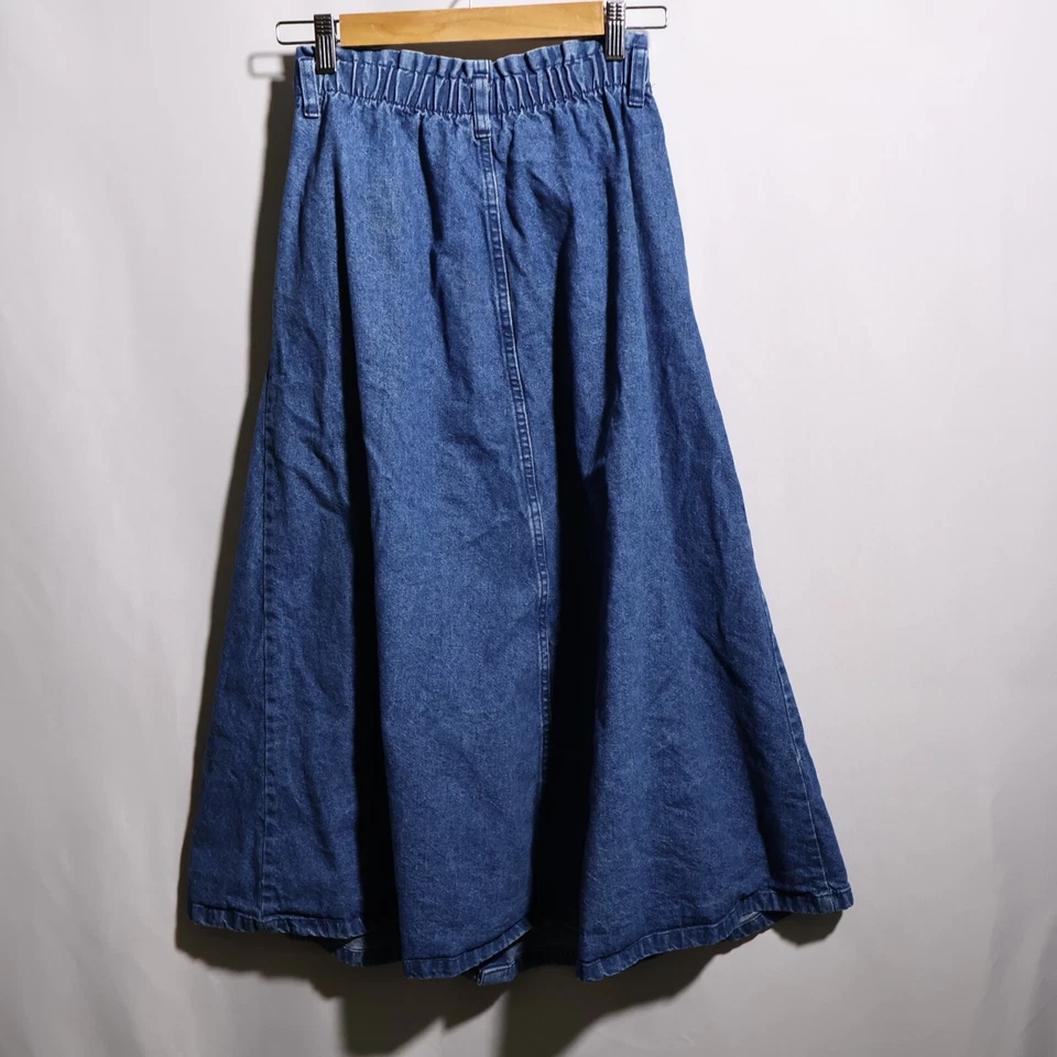 Falda midi de mezclilla azul Cherokee de colección bolsillos con botones años 90 mamá talla 8 pradera granja Foto 2 de 4