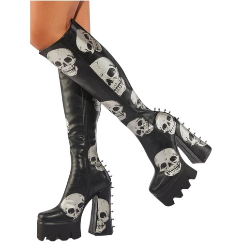 Stivali La Moda "Dolls Kill" Goth Platform neri al ginocchio teschi tacco a blocco - Foto 2 di 9
