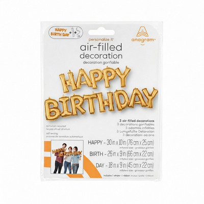 Happy Birthday Gold Foil Letter Balloon Set Air-Filled No Helium Anagram