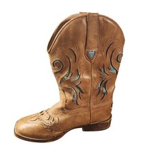 Roper Boots Girls Size 3 Brown Western Cowboy Square Toe Blue Glitter Inlay