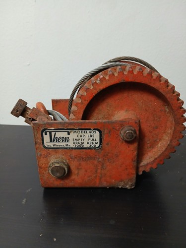 Thern Model 402 Industrial Hand Cable Winch w/ Steel Cable & Hook