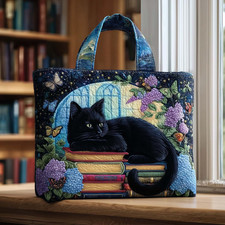 Personalized Black Cat Reading Books Lovers Librarian Quilted Tote Bag Gift