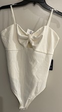 NWT M Express Women's Cream Matte Crepe Bow Cutout Stretch High Cut Bodysuit
