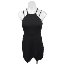 Lulus Strap Me Silly Black Sleeveless Halter Asymmetric Mini Wrap Dress Size M