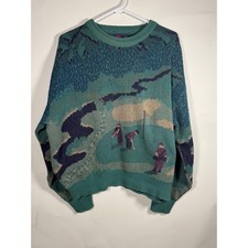 Vintage Isle of Cotton Golf Scene Knit Sweater XL Teal Blue Made in USA 90s