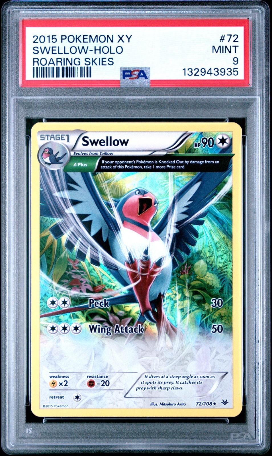 Pokémon SWELLOW Holo Roaring Skies #72 ENG ~ PSA 9