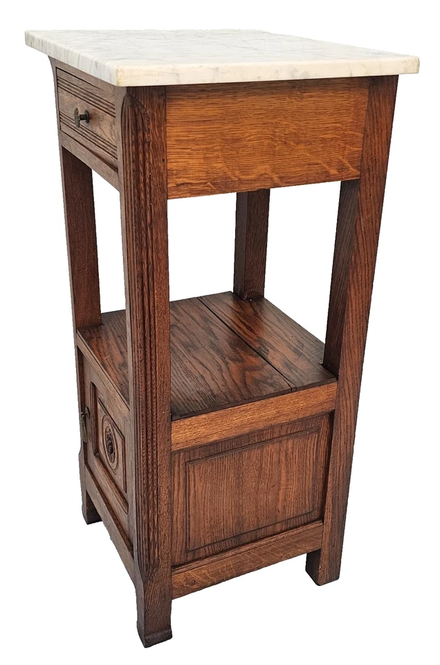 Antique 1920s French Oak Nightstand Carved Grape Design with White Marble Top - Image 2 of 4