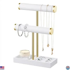 Elegant 2-Tier White Velvet Jewelry Display Stand - Detachable T-Bar Organizer