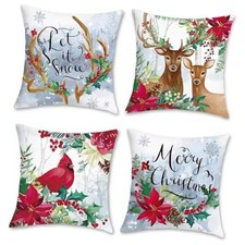 Christmas Throw Pillow Covers 18 x 18" x 18" Pack of 4 Cardinal  Reindeer