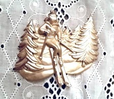 Gold Ski Brooch Large Landscape Mountain Scene Snow Skier Winter Sports GT Pin
