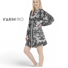 Farm Rio Black White Tropical Linen Blend Mini Dress Balloon Sleeve Boho Resort