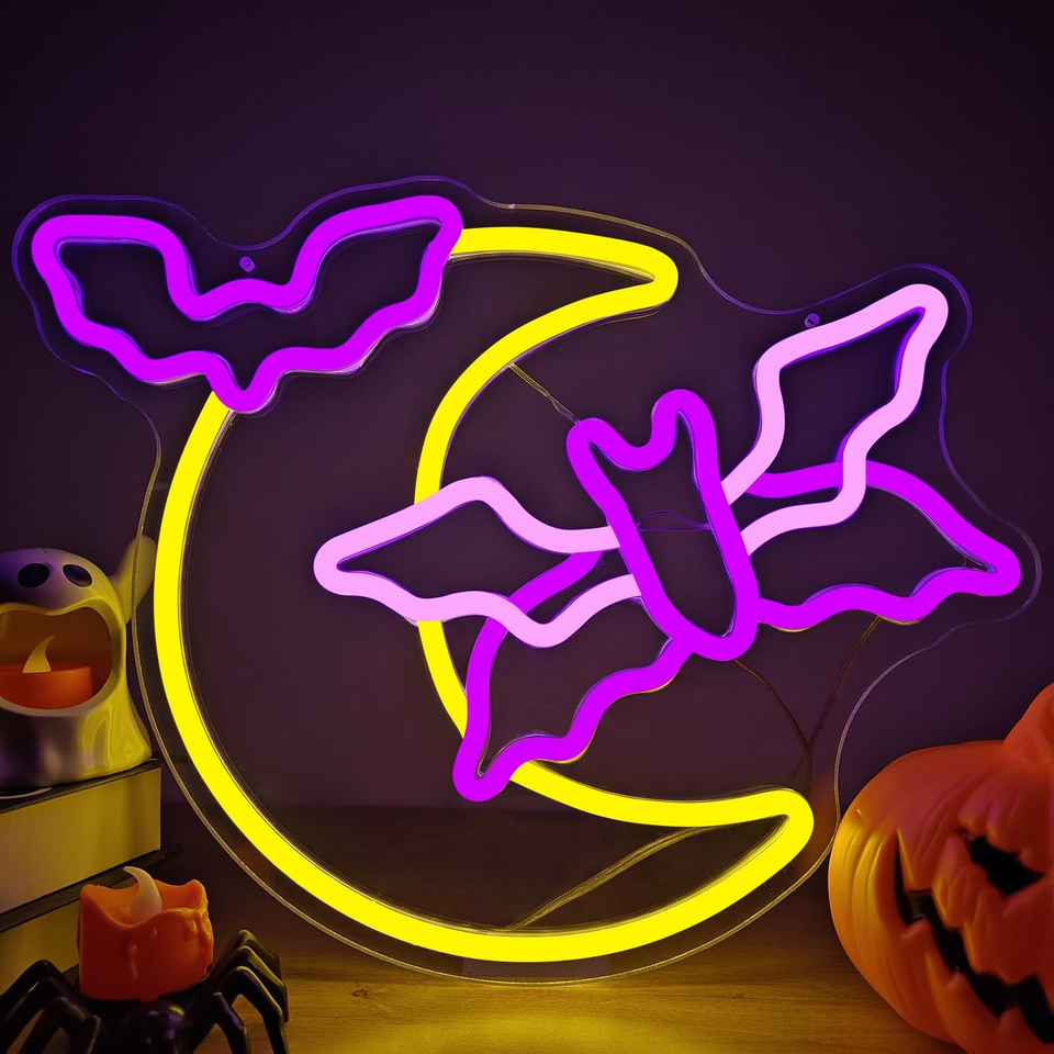 Halloween Neon Sign Moon Flying Neon Bat Sign Led Halloween Decorations ...