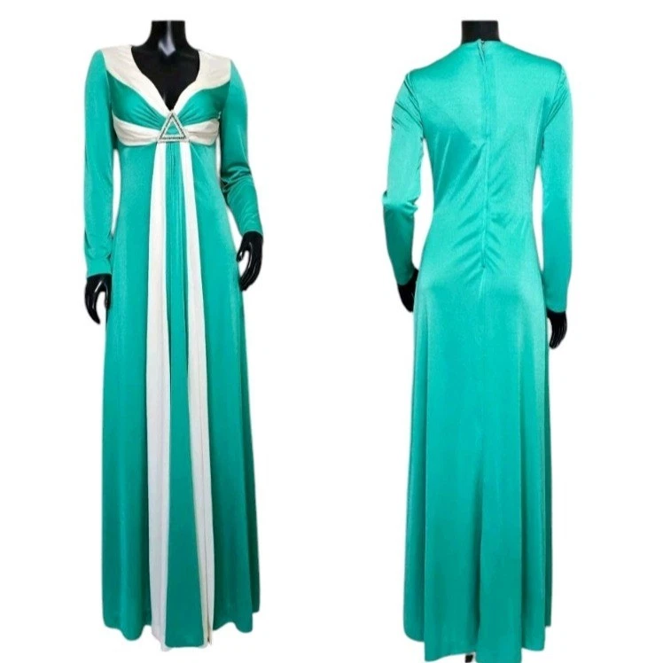 Maxi Vestido Formal Vintage Años 70 Verde Crema Estrás Cintura Imperio Foto 2 de 4