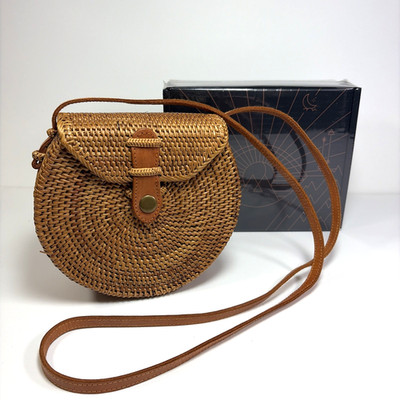 Chic Boho Natural Handwoven Rattan Purse Crossbody Shoulder Round Gift NEW