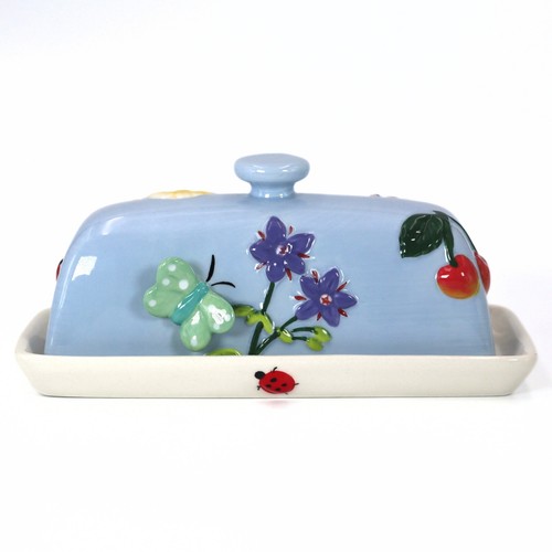 Anthropologie Faye Butter Dish Blue Floral Butterfly Ladybug Cottagecore Retired