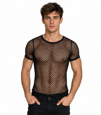 CRYSTAL MENS STRING MESH  RASTA COTTON MESH FISHNET SHORT SLEEVE T-SHIRT TOP NEW