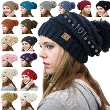 BRAND NEW CC Beanie Trendy Oversized Hat Thick Solid Cable Knit with Pom Pom