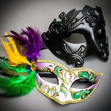 Venetian Black Warrior Half-Face Men Women Colorful Peacock Feather Mardi Gras