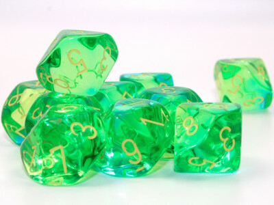 Chx26266 Gemini Translucent Green Teal/Yellow Dice Set  D10 x10