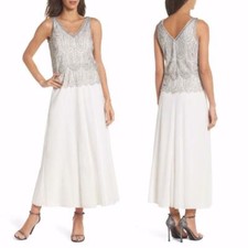 NEW PISARRO NIGHTS White BEADED Overlay MOCK TWO-PIECE A-Line CHIFFON GOWN 6