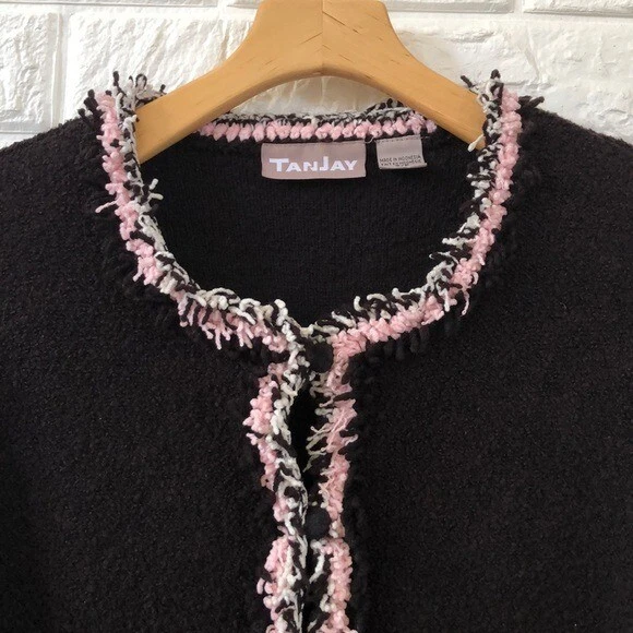 TanJay Black w/ Pink  fringe knit cardigan sweater blazer Women’s Size S Small - Image 3 of 4