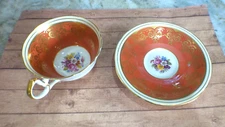 Vintage Aynsley England Bone China Burnt Orange Tea Cup & Saucer, Floral Pattern