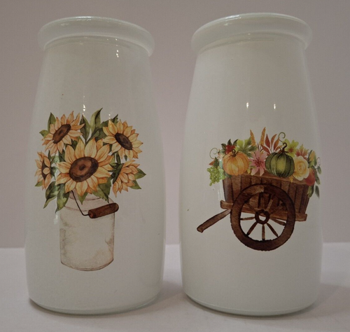 GoGo Glass Milk Bottles White w/Sunfower & Floral Design Set of 2 - Foto 12 di 12