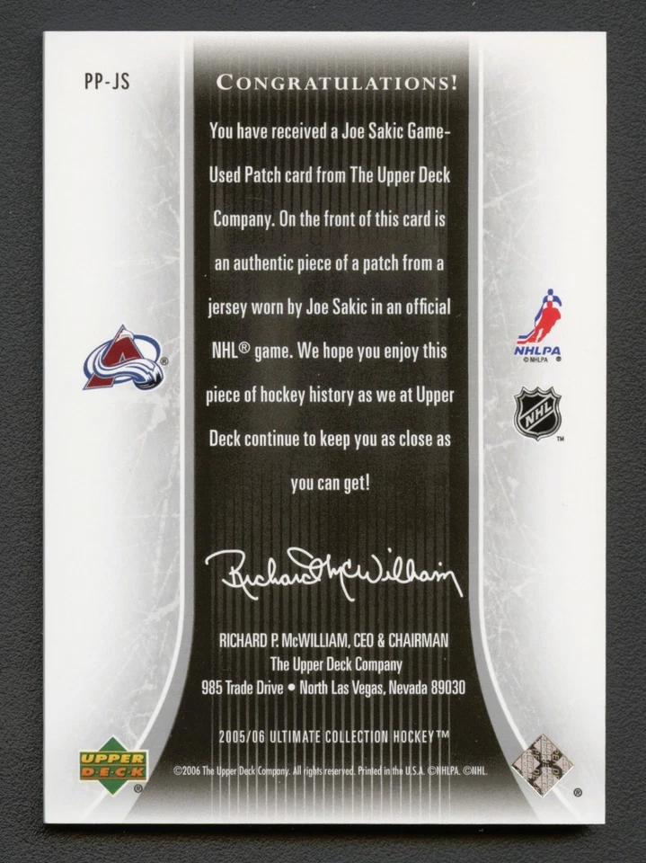 Parche jumbo premium Joe Sakic 2005-06 cubierta superior Ultimate Collection/35 Foto 2 de 2