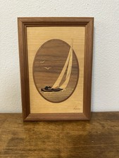 VTG Jeff Nelson Hudson River Inlay Signed Wood Art Marquetry Sailboat 7x10