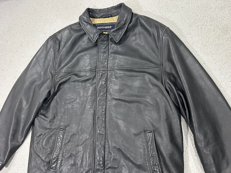 Chaqueta Dockers Para Hombre XL Abrigo de Cuero Negro Forrado de Cuero de Vaca Bolsillos Cremallera Clásica Foto 2 de 4