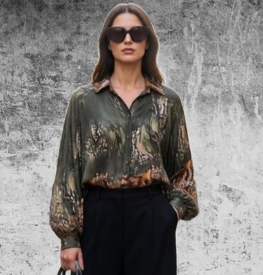 Veronica Polene Paris Animal Print Button Up Satin Blouse Size M Office