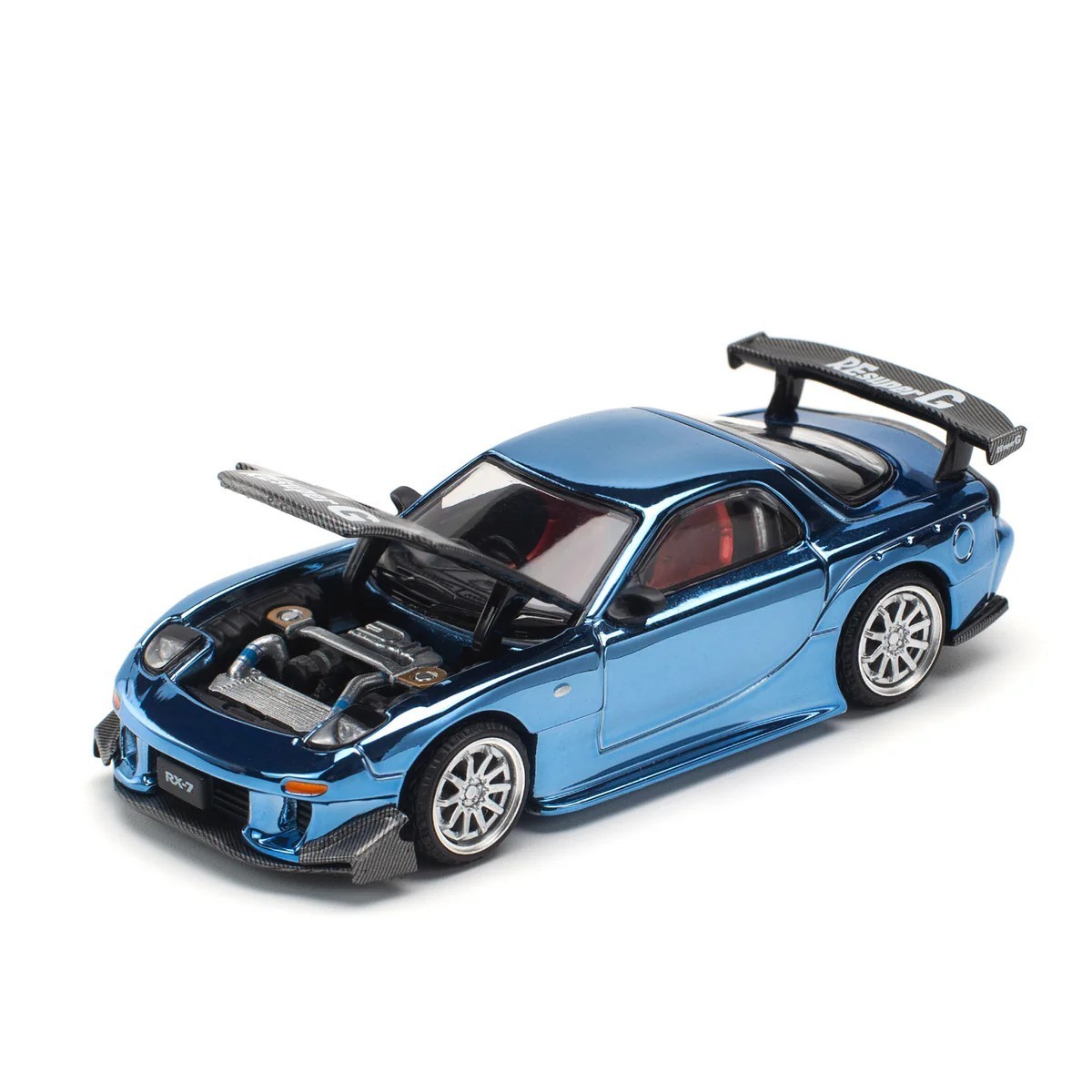 Pop Race 1:64 Mazda RX7 RE Amemiya Widebody Blue Chrome with Carbon Top PR640223