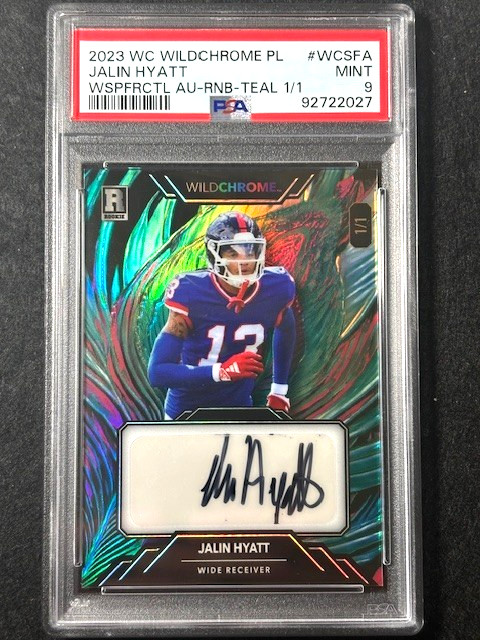2023 Wild Card Wildchrome PL Rainbow Teal 1/1 Jalin Hyatt PSA 9 Auto Signature view 1