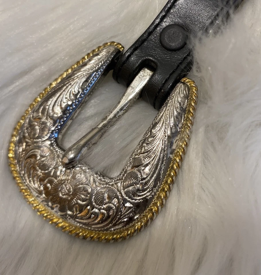 Tony Lama Western Boho Vaquera Cuero Negro Concho Cinturón Plateado y Dorado 30 Talla S Foto 3 de 4