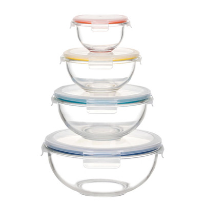Nesting Borosilicate Glass Salad/Mixing Bowl Set - 8 Pc Set (4 Bowls, 4 Lids)