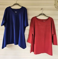 2 Denim & Co Perfect Jersey Tops ~ Brick Red 3/4 Sleeve & Navy Elbow Sleeve ~ L