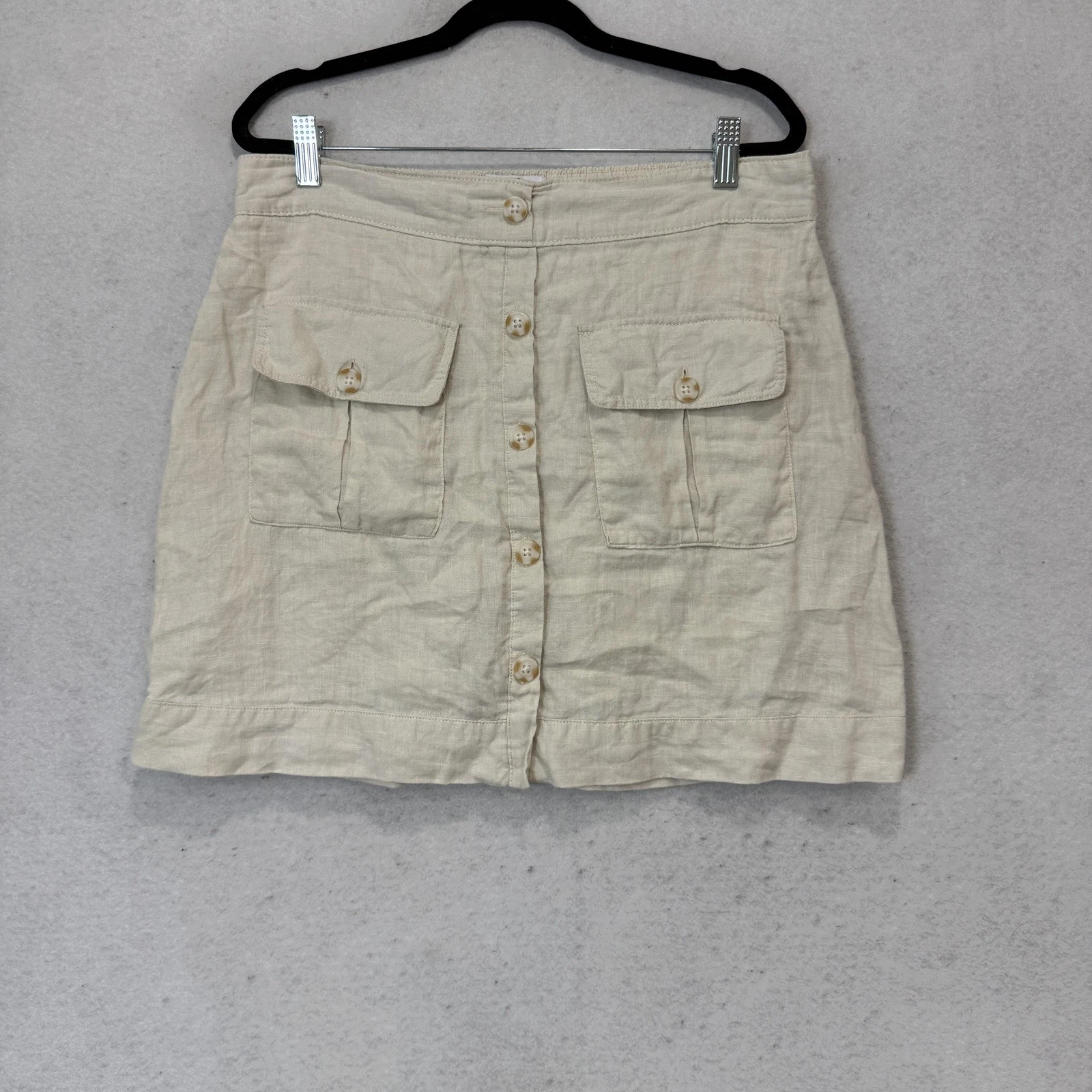 Nicole Miller Skirt Womens L Beige Short Linen Cargo Pockets Button Front