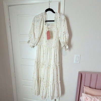 white and gold star dress Ivy City Smocked Maxi Ruffle Balloon Sleeve M edit: PARTY AW25-1