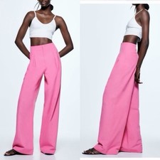 New ZARA Women  s Size M Pink Linen Blend High Waisted Pleated Wide Leg Pants