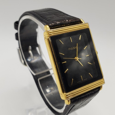 #ad Vintage Seiko Pulsar Tank Watch 25mm V701 X042 Black Dial New Battery $40.50