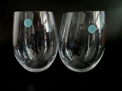 (628) Tiffany & Co Stemless Crystal Wine Glasses By Riedel Set of 2 w/ Stickers