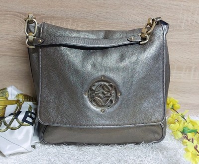 Authentic Loewe Metallic Leather Anagram Maia Flap Top Handle Bag
